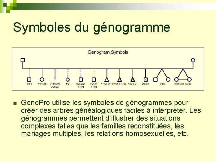 Symboles du génogramme n Geno. Pro utilise les symboles de génogrammes pour créer des