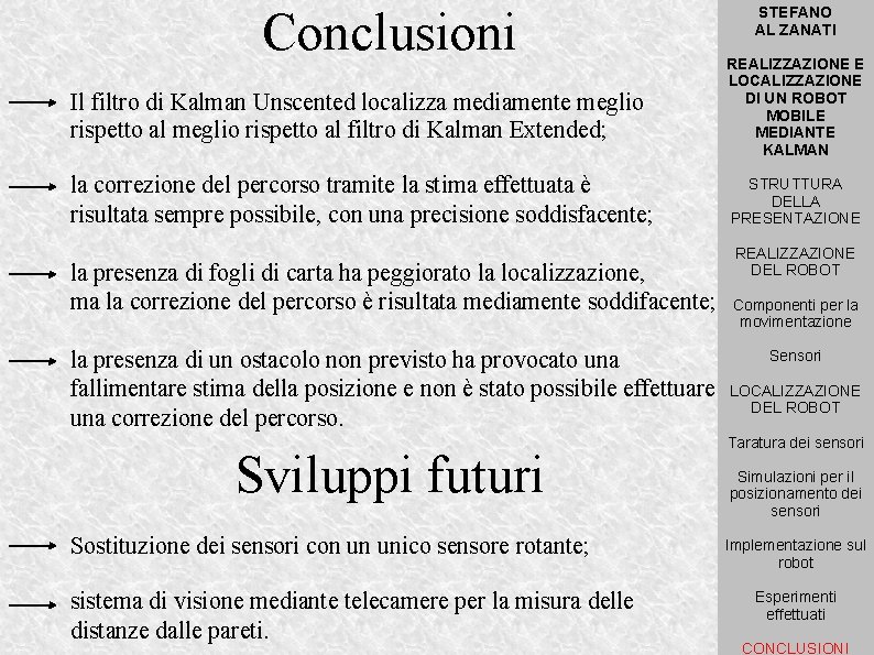 Conclusioni Il filtro di Kalman Unscented localizza mediamente meglio rispetto al filtro di Kalman