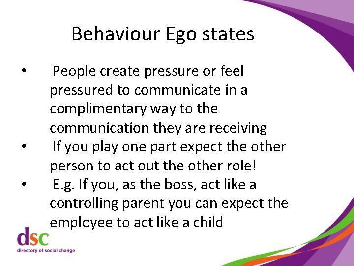 Behaviour Ego states • • • People create pressure or feel pressured to communicate