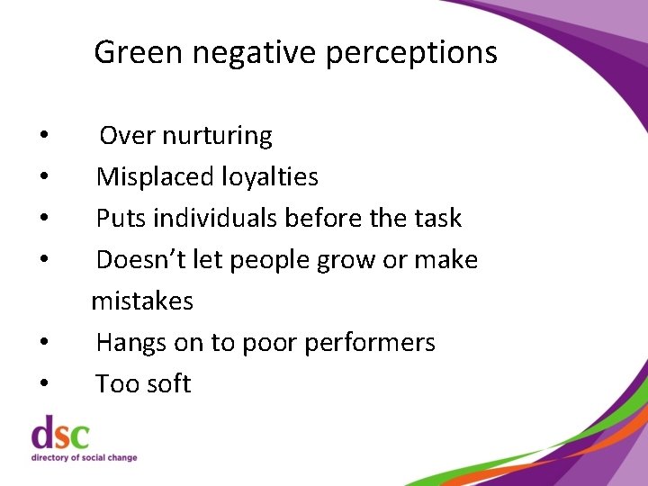 Green negative perceptions • • • Over nurturing Misplaced loyalties Puts individuals before the