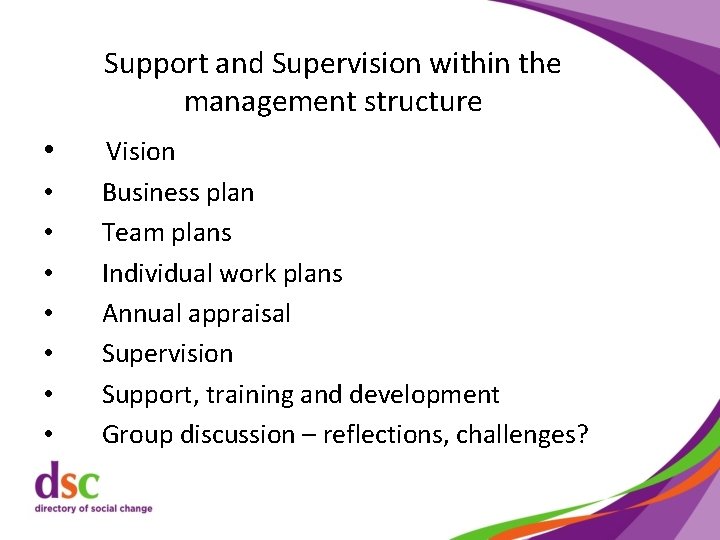Support and Supervision within the management structure • • Vision Business plan Team plans