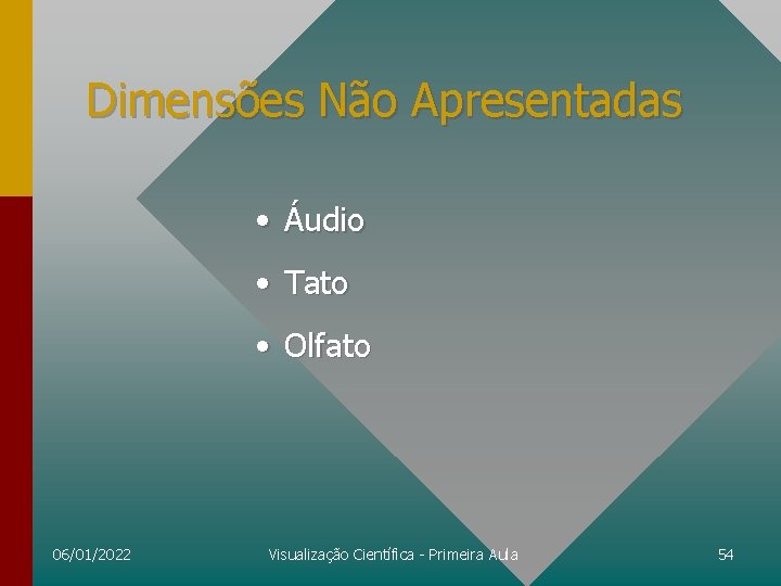 Dimensões Não Apresentadas • Áudio • Tato • Olfato 06/01/2022 Visualização Científica - Primeira