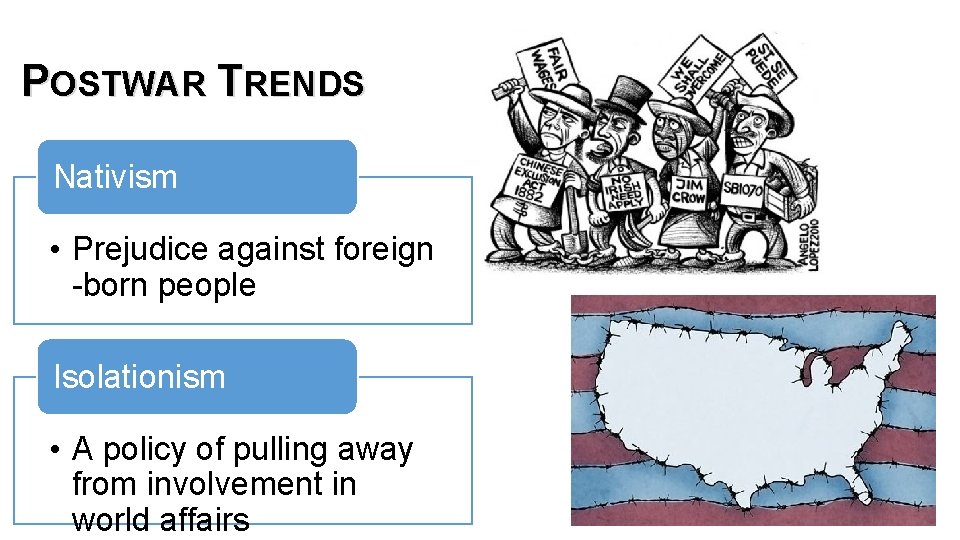 POSTWAR TRENDS Nativism • Prejudice against foreign -born people Isolationism • A policy of