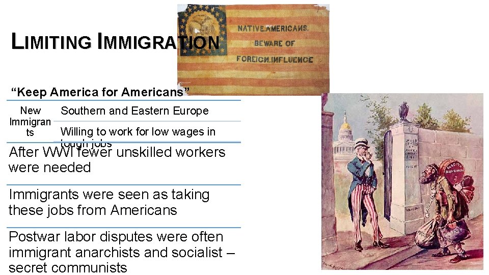 LIMITING IMMIGRATION “Keep America for Americans” New Southern and Eastern Europe Immigran Willing to