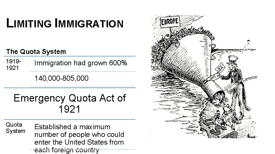 LIMITING IMMIGRATION The Quota System 19191921 Immigration had grown 600% 140, 000 -805, 000