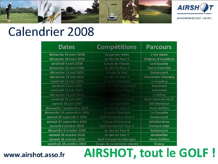 Calendrier 2008 www. airshot. asso. fr AIRSHOT, tout le GOLF ! 