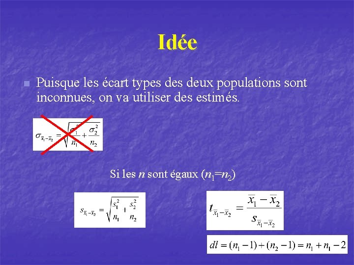 Idée n Puisque les écart types deux populations sont inconnues, on va utiliser des