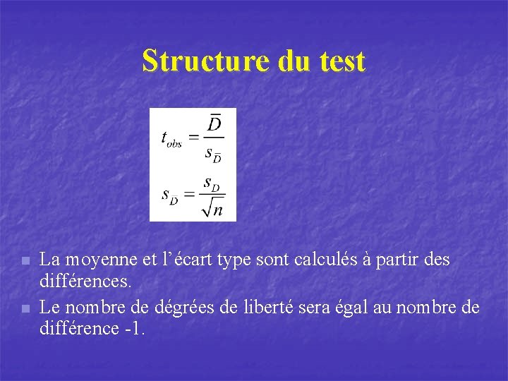 Structure du test n n La moyenne et l’écart type sont calculés à partir