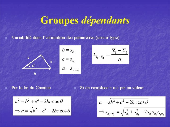 Groupes dépendants n Variabilité dans l’estimation des paramètres (erreur type) c a q b