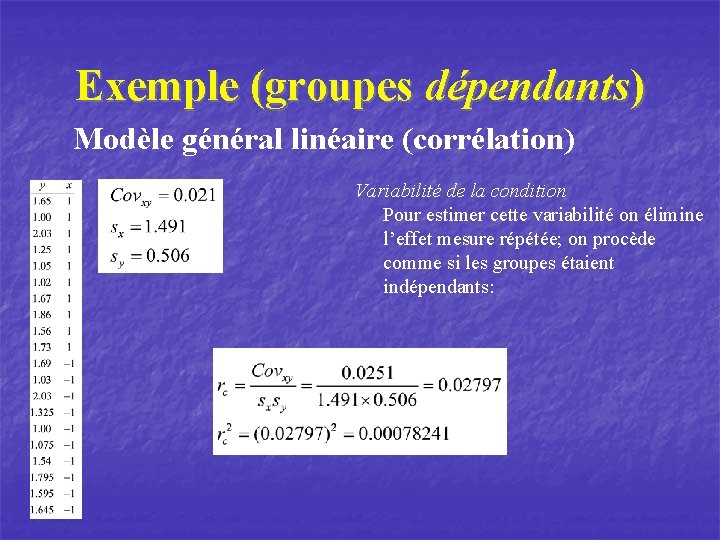 Exemple (groupes dépendants) Modèle général linéaire (corrélation) Variabilité de la condition Pour estimer cette