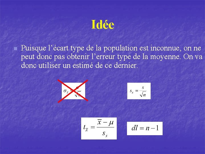 Idée n Puisque l’écart type de la population est inconnue, on ne peut donc