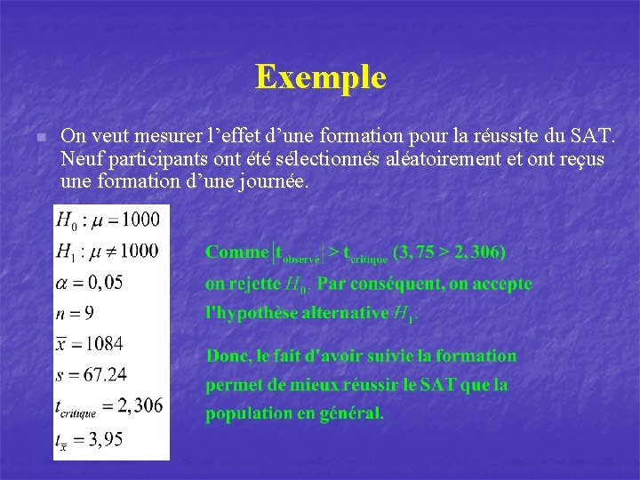 Exemple n On veut mesurer l’effet d’une formation pour la réussite du SAT. Neuf