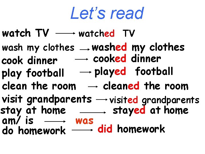 Let’s read watch TV wash my clothes watched TV washed my clothes cooked dinner