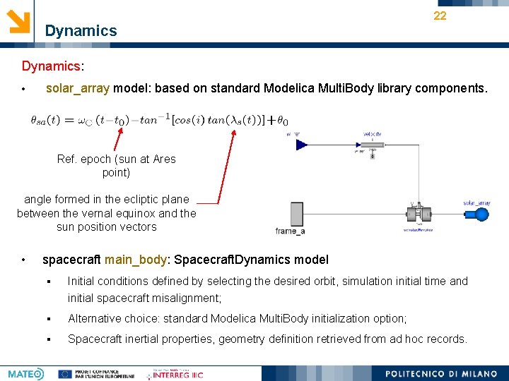 Dynamics 22 Dynamics: • solar_array model: based on standard Modelica Multi. Body library components.