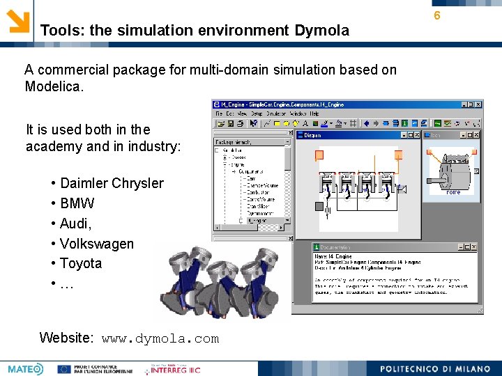 Tools: the simulation environment Dymola A commercial package for multi-domain simulation based on Modelica.