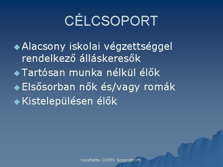 CÉLCSOPORT u Alacsony iskolai végzettséggel rendelkező álláskeresők u Tartósan munka nélkül élők u Elsősorban