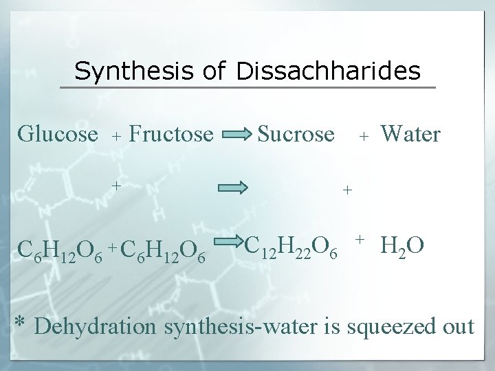 Synthesis of Dissachharides Glucose + Fructose Sucrose + C 6 H 12 O 6
