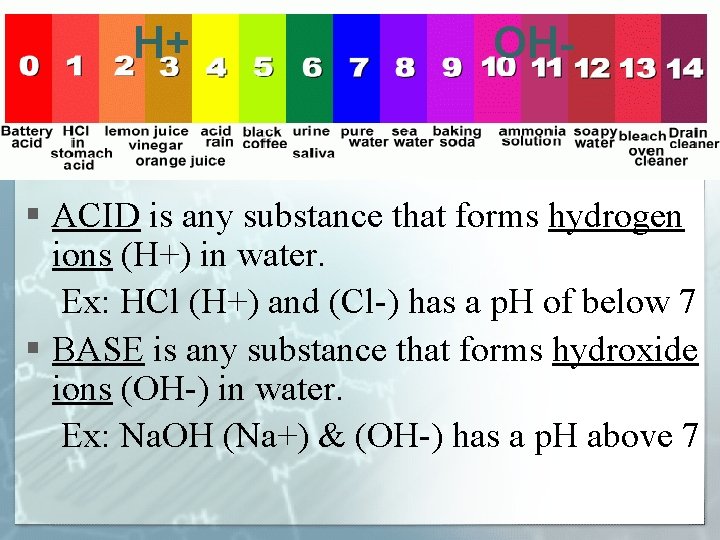 H+ OH- § ACID is any substance that forms hydrogen ions (H+) in water.