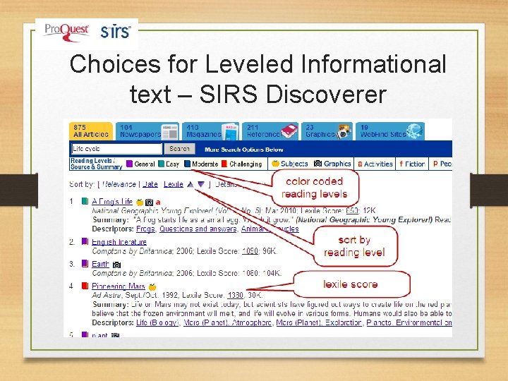 Choices for Leveled Informational text – SIRS Discoverer 