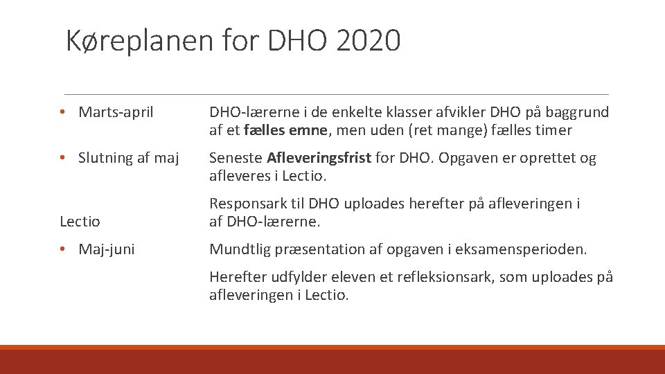 Køreplanen for DHO 2020 • Marts-april DHO-lærerne i de enkelte klasser afvikler DHO på