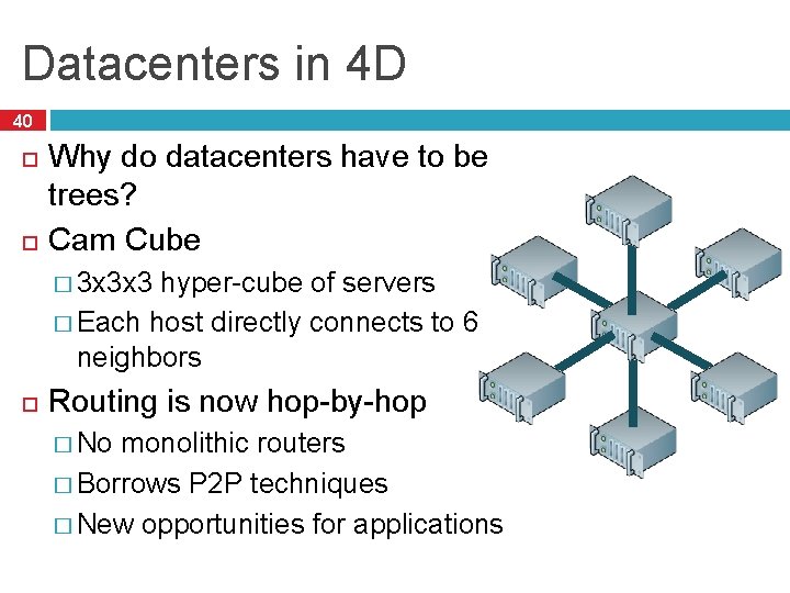Datacenters in 4 D 40 Why do datacenters have to be trees? Cam Cube