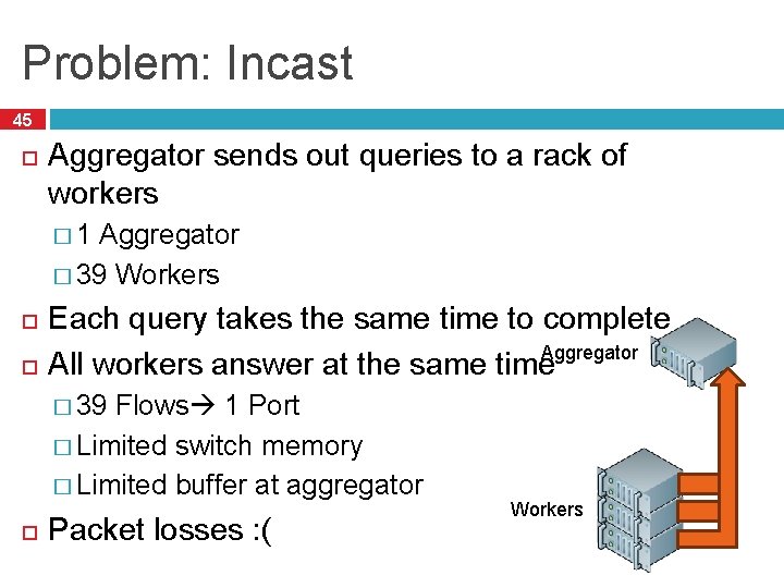 Problem: Incast 45 Aggregator sends out queries to a rack of workers � 1