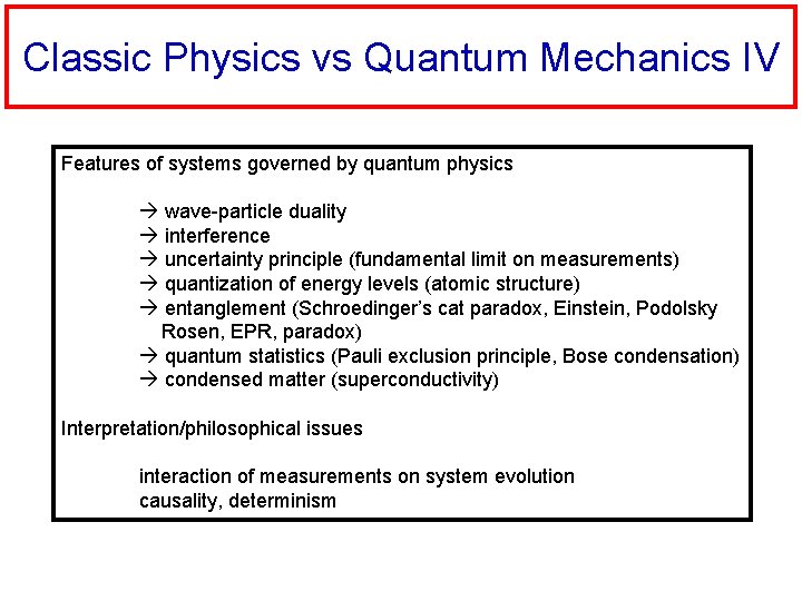 Classic Physics vs Quantum Mechanics IV Features of systems governed by quantum physics wave-particle