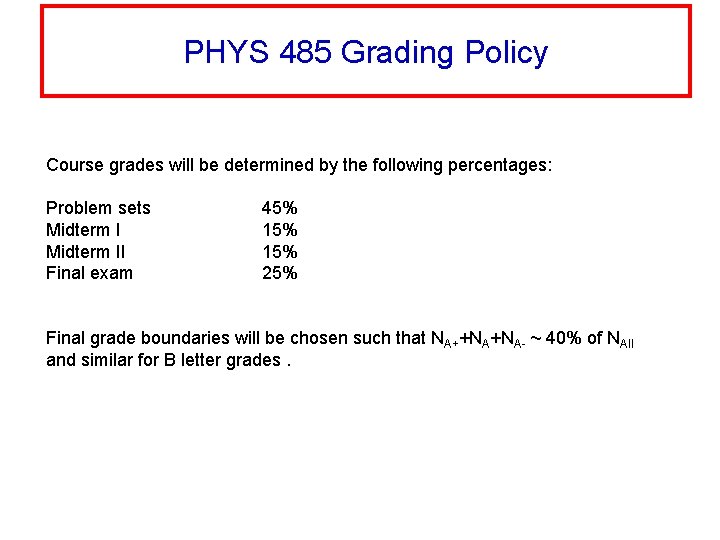 PHYS 485 Grading Policy Course grades will be determined by the following percentages: Problem