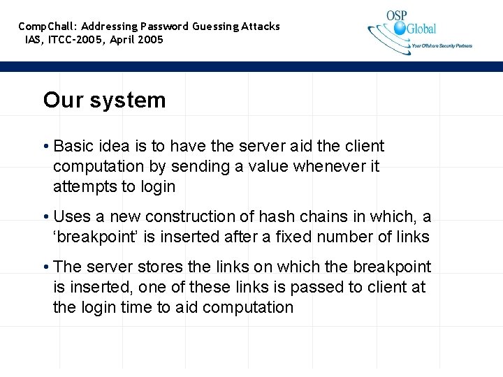 Comp. Chall: Addressing Password Guessing Attacks IAS, ITCC-2005, April 2005 Our system • Basic