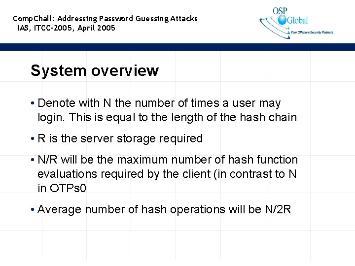 Comp. Chall: Addressing Password Guessing Attacks IAS, ITCC-2005, April 2005 System overview • Denote