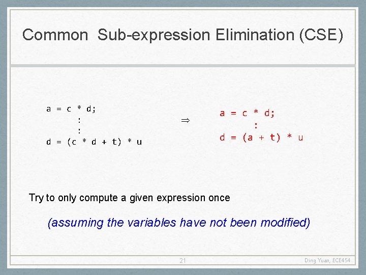Common Sub-expression Elimination (CSE) a = c * d; : : d = (c
