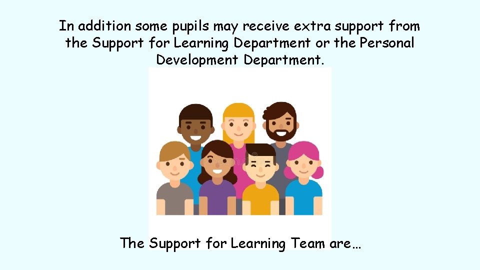 In addition some pupils may receive extra support from the Support for Learning Department