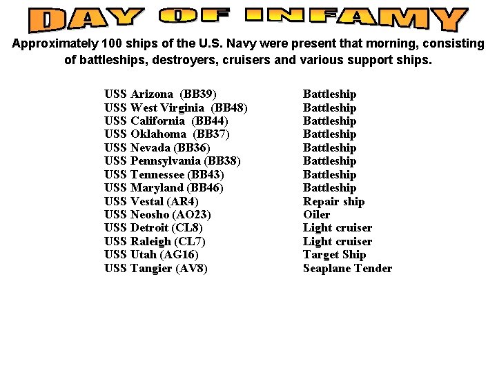 Approximately 100 ships of the U. S. Navy were present that morning, consisting of Approximately 100 ships of the U. S. Navy were present that morning, consisting of