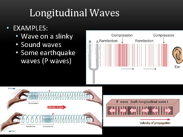 Longitudinal Waves • EXAMPLES: • Wave on a slinky • Sound waves • Some