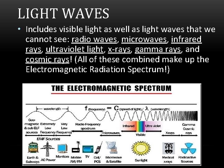 LIGHT WAVES • Includes visible light as well as light waves that we cannot