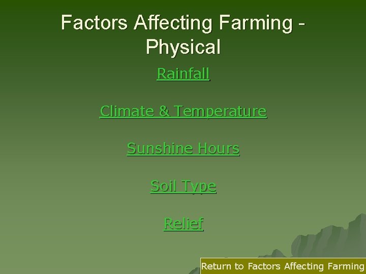 Factors Affecting Farming Physical Rainfall Climate & Temperature Sunshine Hours Soil Type Relief Return