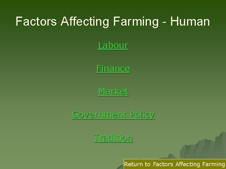 Factors Affecting Farming - Human Labour Finance Market Government Policy Tradition Return to Factors
