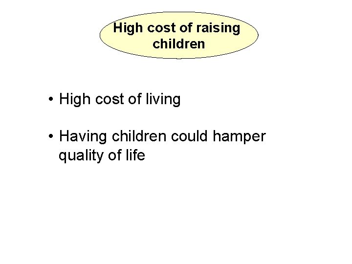High cost of raising children • High cost of living • Having children could
