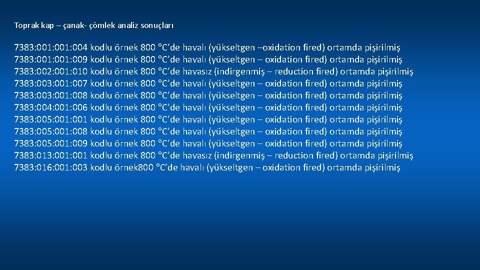 Toprak kap – çanak- çömlek analiz sonuçları 7383: 001: 004 kodlu örnek 800 C’de