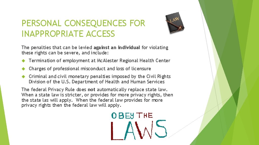 PERSONAL CONSEQUENCES FOR INAPPROPRIATE ACCESS The penalties that can be levied against an individual