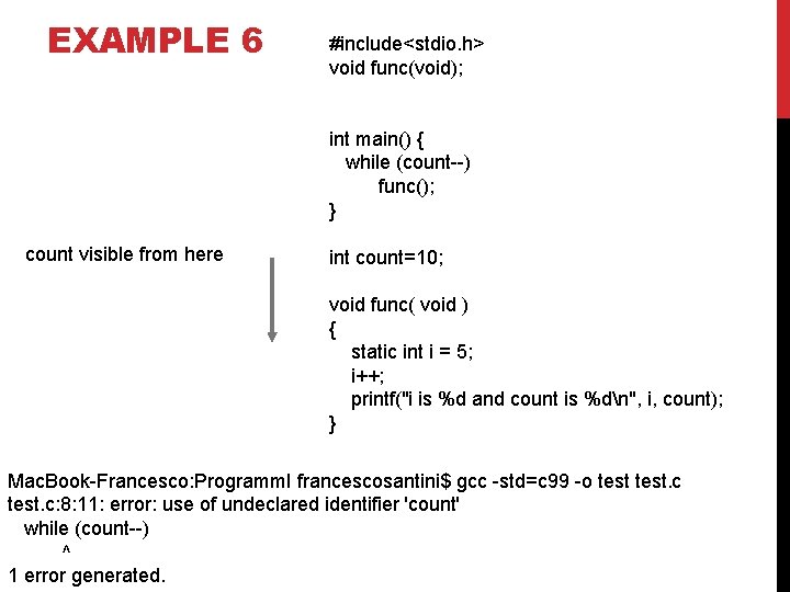 EXAMPLE 6 #include<stdio. h> void func(void); int main() { while (count--) func(); } count
