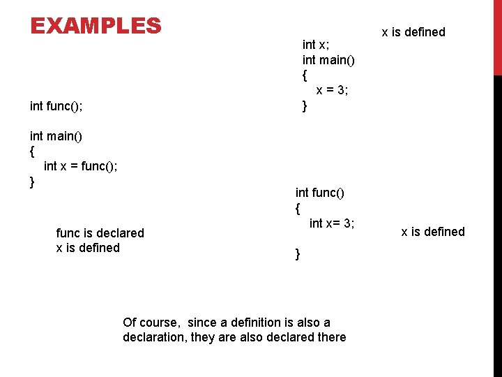 EXAMPLES int x; int main() { x = 3; } int func(); int main()