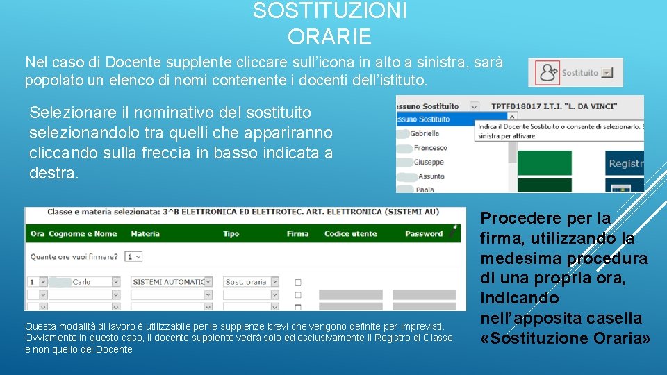 SOSTITUZIONI ORARIE Nel caso di Docente supplente cliccare sull’icona in alto a sinistra, sarà