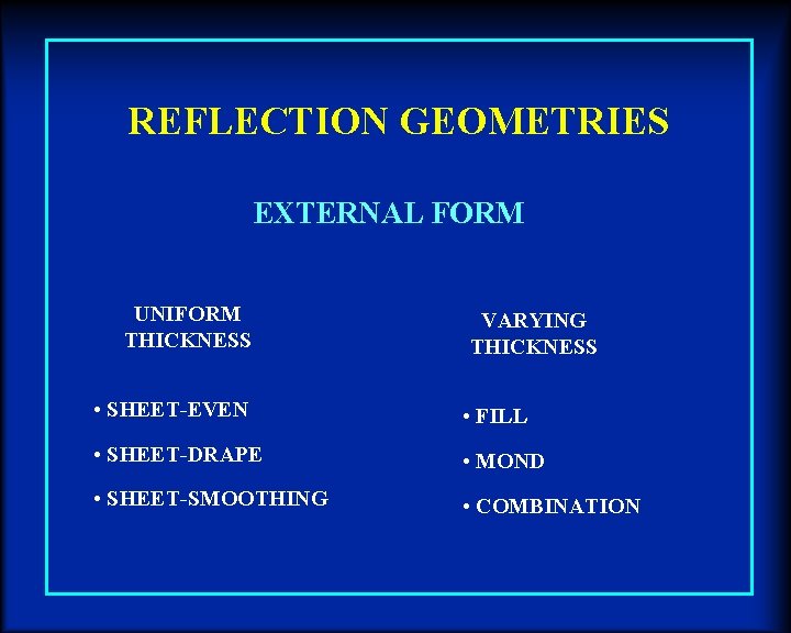 REFLECTION GEOMETRIES EXTERNAL FORM UNIFORM THICKNESS VARYING THICKNESS • SHEET-EVEN • FILL • SHEET-DRAPE