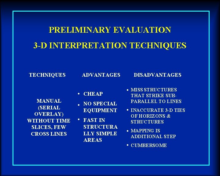 PRELIMINARY EVALUATION 3 -D INTERPRETATION TECHNIQUES ADVANTAGES • CHEAP MANUAL (SERIAL OVERLAY) WITHOUT TIME