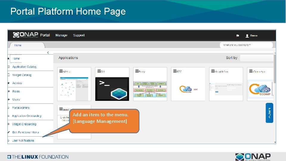 Portal Platform Home Page Add an item to the menu. [Language Management] 