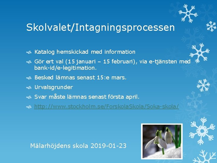 Skolvalet/Intagningsprocessen Katalog hemskickad med information Gör ert val (15 januari – 15 februari), via