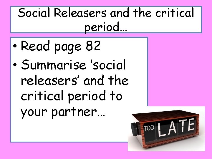 Social Releasers and the critical period… • Read page 82 • Summarise ‘social releasers’