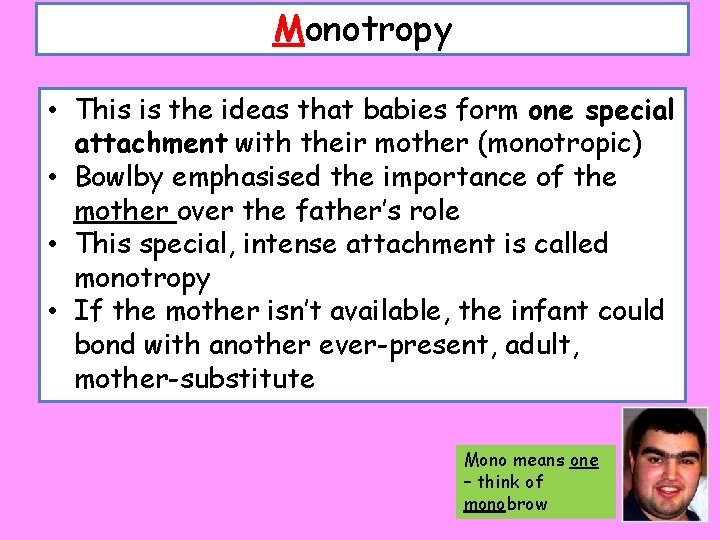 Monotropy • This is the ideas that babies form one special attachment with their