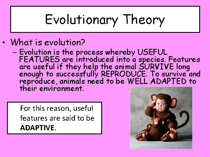 Evolutionary Theory • What is evolution? – Evolution is the process whereby USEFUL FEATURES